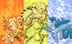 Size: 900x563 | Tagged: safe, artist:alicehumansacrifice0, articuno, moltres, zapdos, pokémon, ponified