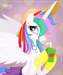 Size: 2124x2532 | Tagged: safe, artist:killryde, princess celestia, alicorn, pony, g4, alternate hairstyle, blushing, clothes, cute, cutelestia, female, hat, high res, juice box, necklace, skirt, solo, sun hat