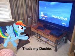 Size: 2592x1944 | Tagged: safe, artist:wincamxp, rainbow dash, pony, g4, game console, halo (series), halo 3, irl, nintendo, nintendo entertainment system, photo, playstation, playstation 2, ponies in real life, super nintendo, television, vector, xbox, xbox 360