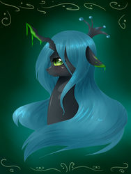 Size: 1500x2000 | Tagged: safe, artist:tomat-in-cup, queen chrysalis, changeling, changeling queen, goo, g4, abstract background, bust, crown, female, floppy ears, jewelry, regalia, solo
