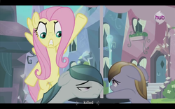 Size: 1024x640 | Tagged: safe, screencap, amber waves, crystal arrow, crystal beau, fluttershy, crystal pony, pony, g4, season 3, out of context, youtube caption