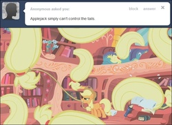 Size: 640x463 | Tagged: safe, artist:capnpea, edit, edited screencap, screencap, applejack, g4, look before you sleep, my little pony: friendship is magic, fimbriae, golden oaks library, lasso, rope, tail, wat