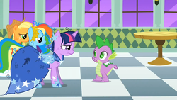 Size: 500x281 | Tagged: safe, artist:capnpea, edit, edited screencap, screencap, applejack, rainbow dash, spike, twilight sparkle, g4, my little pony: friendship is magic, the best night ever, armless, clothes, dress, fimbriae, gala dress