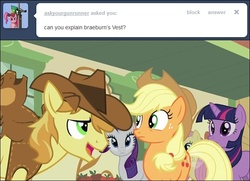 Size: 640x463 | Tagged: safe, artist:capnpea, edit, edited screencap, screencap, braeburn, rarity, twilight sparkle, earth pony, pony, unicorn, g4, over a barrel, clothes, female, fimbriae, male, mare, stallion, vest, wat