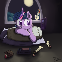 Size: 1200x1200 | Tagged: safe, artist:twilightsquare, twilight sparkle, pony, g4, book, candle, female, magic, night, pillow, reading, solo