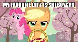 Size: 637x348 | Tagged: safe, edit, edited screencap, screencap, applejack, pinkie pie, g4, the last roundup, caption, cherry orchard, image macro