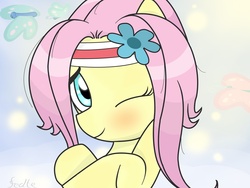 Size: 2000x1500 | Tagged: dead source, safe, artist:fedte, fluttershy, g4, alternate hairstyle, blushing, cute, daaaaaaaaaaaw, flower, hnnng, shy, shyabetes, sweatband, wink