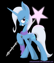Size: 3750x4347 | Tagged: safe, artist:pajama-ham, trixie, pony, unicorn, g4, black background, clothes, female, grin, mare, scarf, simple background, smiling, solo, staff