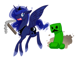 Size: 800x651 | Tagged: safe, artist:morkemime, princess luna, alicorn, pony, gamer luna, g4, creeper (minecraft), duo, dust cloud, female, mare, minecraft, pickaxe, running away, scared, simple background, white background