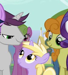 Size: 432x480 | Tagged: safe, screencap, carrot top, daisy, dinky hooves, flower wishes, golden harvest, rarity, twilight sparkle, written script, earth pony, pony, unicorn, g4, the last roundup, background pony, cropped, goldenscript, ponies standing next to each other