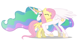 Size: 2800x1500 | Tagged: safe, artist:mixermike622, fluttershy, princess celestia, alicorn, pegasus, pony, g4, cute, cutelestia, female, hug, mare, partially open wings, show accurate, shyabetes, simple background, sweet dreams fuel, transparent background, vector, wings