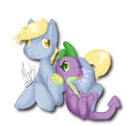Size: 435x429 | Tagged: safe, artist:flow3r-child, derpy hooves, spike, dragon, pegasus, pony, g4, barb, barbabetes, cute, dopey hooves, dragoness, female, male, rule 63, rule63betes, stallion