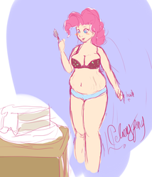 Size: 819x959 | Tagged: safe, artist:celerypony, pinkie pie, human, g4, bra, bra overflow, breasts, cake, chubby, clothes, humanized, muffin top, panties, plump, solo, underwear
