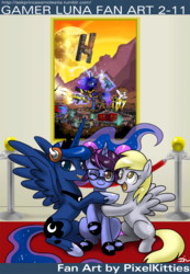 Size: 800x1156 | Tagged: safe, artist:johnjoseco, artist:pixelkitties, derpy hooves, pipsqueak, princess luna, oc, alicorn, pegasus, pony, unicorn, gamer luna, g4, borderlands, claptrap, female, gun