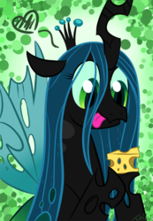 Size: 623x900 | Tagged: safe, artist:leibi97, queen chrysalis, changeling, changeling queen, g4, :p, cheese, cute, cutealis, eyes on the prize, female, heart, hoof hold, smiling, solo, tongue out