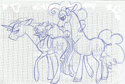 Size: 1280x858 | Tagged: safe, artist:spiderish, artist:spookerish, pinkie pie, twilight sparkle, oc, oc:blueberry, horse, g4, ballpoint pen, doodle, dusk shine, filly, gay, graph paper, lineart, lined paper, magical gay spawn, male, offspring, parent:bubble berry, parent:dusk shine, parent:pinkie pie, parent:twilight sparkle, parents:twinkie, pen drawing, rule 63, ship:twinkie, shipping, sketch, traditional art