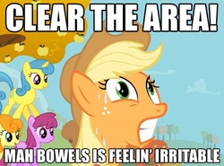 Size: 540x400 | Tagged: safe, edit, edited screencap, screencap, applejack, berry punch, berryshine, carrot top, golden harvest, lemon hearts, earth pony, pony, unicorn, fall weather friends, g4, caption, female, image macro, implied diarrhea, mare, out of context, sweat