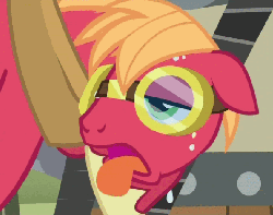 Size: 596x470 | Tagged: safe, screencap, big macintosh, earth pony, pony, g4, season 2, the super speedy cider squeezy 6000, animated, cropped, floppy ears, goggles, loop, male, panting, solo, stallion, sweat, tired, tongue out, walking