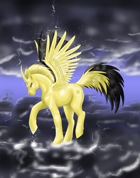 Size: 833x1059 | Tagged: safe, artist:just-plain-cat, alicorn, pony, zapdos, alicornified, curved horn, horn, pokémon, ponified, spread wings, wings