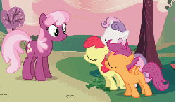 Size: 682x400 | Tagged: safe, screencap, apple bloom, cheerilee, scootaloo, sweetie belle, earth pony, pegasus, pony, unicorn, g4, hearts and hooves day (episode), season 2, animated, blank flank, cutie mark crusaders, eyes closed, female, filly, foal, gif, headbob, hearts and hooves day, loop, mare, nodding, smiling, spread wings, tree, wings