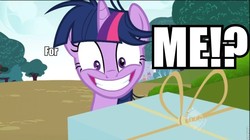 Size: 960x536 | Tagged: safe, edit, edited screencap, screencap, twilight sparkle, pony, g4, lesson zero, season 2, female, hub logo, image macro, mare, meme, present, slasher smile, solo, twilight snapple