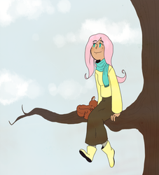 Size: 1653x1820 | Tagged: safe, artist:nyan-cow, fluttershy, human, squirrel, g4, boots, clothes, female, humanized, long skirt, scarf, shoes, sitting, sitting in a tree, skirt, solo, sweater, sweatershy, tree, tree branch