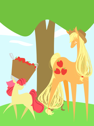 Size: 3000x4000 | Tagged: safe, artist:kouenli, apple bloom, applejack, earth pony, pony, g4, apple, blank flank, bow, cowboy hat, cutie mark, female, filly, foal, food, hair bow, hat, lineless, mare, pointy ponies, tree