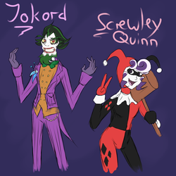 Size: 750x750 | Tagged: safe, discord, screwball, ask human discord, g4, ask, batman, cosplay, costume, dressup, harley quinn, humanized, jokercord, mallet, nightmare night, the joker, tumblr