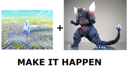 Size: 1055x643 | Tagged: safe, kaiju, g4, games ponies play, my little pony: friendship is magic, season 3, all caps, crystal empire, exploitable meme, godzilla (series), make it happen, meme, meta, spacegodzilla