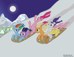 Size: 2064x1604 | Tagged: safe, artist:whitehawke, applejack, derpy hooves, fluttershy, pinkie pie, rainbow dash, rarity, twilight sparkle, pegasus, pony, g4, eyes closed, female, mane six, mare, moon, night, outdoors, sledding, snow, winter