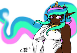 Size: 1024x706 | Tagged: safe, artist:neonlightwolf, princess celestia, human, g4, adventure in the comments, clothes, dark skin, female, humanized, solo