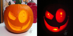 Size: 784x389 | Tagged: safe, artist:invderlava, discord, g4, halloween, holiday, irl, jack-o-lantern, photo, pumpkin