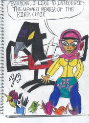 Size: 900x1238 | Tagged: safe, artist:thekaijunerd, fluttershy, bird, g4, crossover, hijab, humanized, islam, islamashy, laserbeak, traditional art, transformers