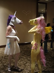 Size: 1280x1707 | Tagged: safe, fluttershy, rarity, g4, cosplay, costume, fursuit, heart, irl, photo, wat