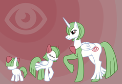 Size: 900x621 | Tagged: safe, artist:oomles, gardevoir, kirlia, ralts, pokémon, ponified