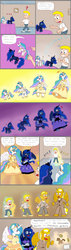 Size: 750x2637 | Tagged: safe, artist:glockens, princess celestia, princess luna, oc, alicorn, human, pony, anthro, g4, :o, anthro with ponies, breasts, cleavage, clothes, comic, confused, dialogue, dress, female, frown, gear, gritted teeth, happy, human to anthro, human to pony, levitation, light skin, magic, male, mare, open mouth, plushie, question mark, smiling, sound effects, speech bubble, spread wings, stallion, suit, surprised, telekinesis, transformation, wide eyes