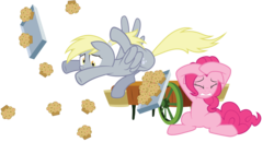 Size: 10000x5184 | Tagged: safe, artist:juniberries, derpy hooves, pinkie pie, pegasus, pony, g4, absurd resolution, crash, female, mare, muffin, simple background, transparent background, vector