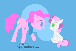 Size: 1280x863 | Tagged: safe, artist:lagsy, pinkie pie, sweetie belle, earth pony, pony, robot, robot pony, unicorn, friendship is witchcraft, g4, cutie mark, female, filly, foal, hooves, horn, mare, open mouth, sitting, solo, standing, sweetie bot