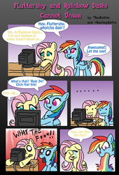 Size: 1232x1810 | Tagged: safe, artist:scarletts-fever, artist:seabastian, fluttershy, rainbow dash, g4, comic, computer, fourth wall, internet, puking rainbows, rule 34, vomit