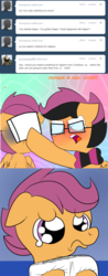 Size: 500x1281 | Tagged: safe, artist:fillyscoots42, scootaloo, pegasus, pony, ask crinkleloo, ask scootahipster, g4, comic, diaper, diaper fetish, female, filly, glasses, non-baby in diaper, scootahipster, teary eyes, tumblr