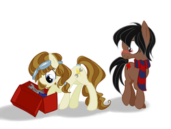 Size: 812x612 | Tagged: safe, artist:miss-bow, oc, oc only, oc:tech, earth pony, pony, blushing, clothes, female, goggles, looking at butt, mare, scarf, toolbox, wrench