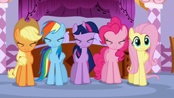 Size: 1280x720 | Tagged: safe, screencap, applejack, fluttershy, pinkie pie, rainbow dash, twilight sparkle, earth pony, pegasus, pony, unicorn, g4, season 1, suited for success, applejack's hat, bed, carousel boutique, cowboy hat, cute, dashabetes, diapinkes, eyes closed, female, group, hat, hugpony poses, jackabetes, looking at you, mare, quintet, shyabetes, smiling, twiabetes, unicorn twilight