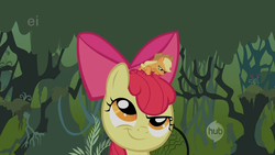 Size: 640x360 | Tagged: safe, screencap, apple bloom, applejack, bridle gossip, g4, season 1, appletini, ei, hub logo, micro