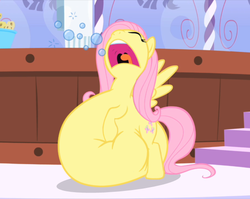 Size: 587x467 | Tagged: safe, edit, edited screencap, screencap, fluttershy, pegasus, pony, g4, green isn't your color, belly, big belly, bubble, burp, fat, fat edit, fattershy, inflation, inflation edit, squishy