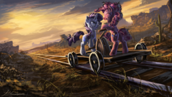Size: 1920x1080 | Tagged: safe, artist:huussii, pinkie pie, rarity, earth pony, pony, unicorn, g4, the last roundup, angry, cactus, desert, duo, female, hand car, open mouth, plateau, railway track, scene interpretation, smiling, sunset, train tracks, trolley, wallpaper