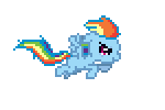 Size: 150x100 | Tagged: safe, artist:lightningbolt, rainbow dash, pegasus, pony, animated, desktop ponies, female, filly, filly rainbow dash, flying, gif, mare, pixel art, simple background, solo, sprite, transparent, transparent background, wings