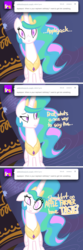 Size: 700x2120 | Tagged: safe, artist:frostedwarlock, applejack, prince blueblood, princess celestia, alicorn, pony, g4, ask, blueabuse, celestia replies, female, male, ship:bluejack, shipping, solo, straight