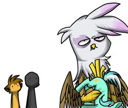 Size: 500x419 | Tagged: safe, gilda, oc, griffon, g4, food, french fries, fries are delicious, gilda replies, lyra plushie, plothole plush lyra