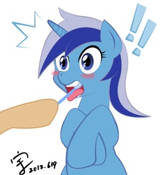 Size: 855x930 | Tagged: safe, artist:xenosaga428, minuette, pony, unicorn, g4, blushing, brush, dental plan, exclamation point, open mouth, pixiv, teeth, toothbrush