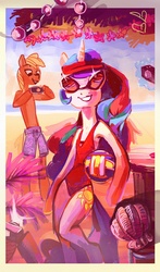 Size: 2157x3670 | Tagged: safe, artist:holivi, princess celestia, alicorn, anthro, unguligrade anthro, g4, beach, beach ball, camera, clothes, female, high res, mare, one-piece swimsuit, skinny, smiling, sunglasses, swimsuit, thin